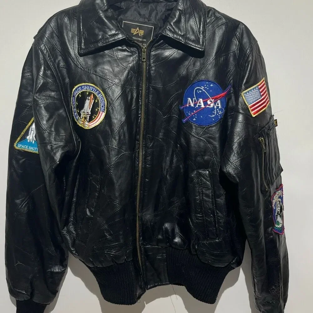 Alpha Industries Men's Black Leather Space Shuttle NASA Bomber Jacket Medium‎